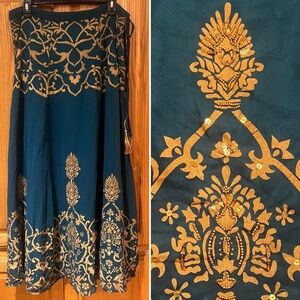 Soft Surroundings Vintage Beaded Sequin Embellished Maxi Skirt Teal Gold Medium‎